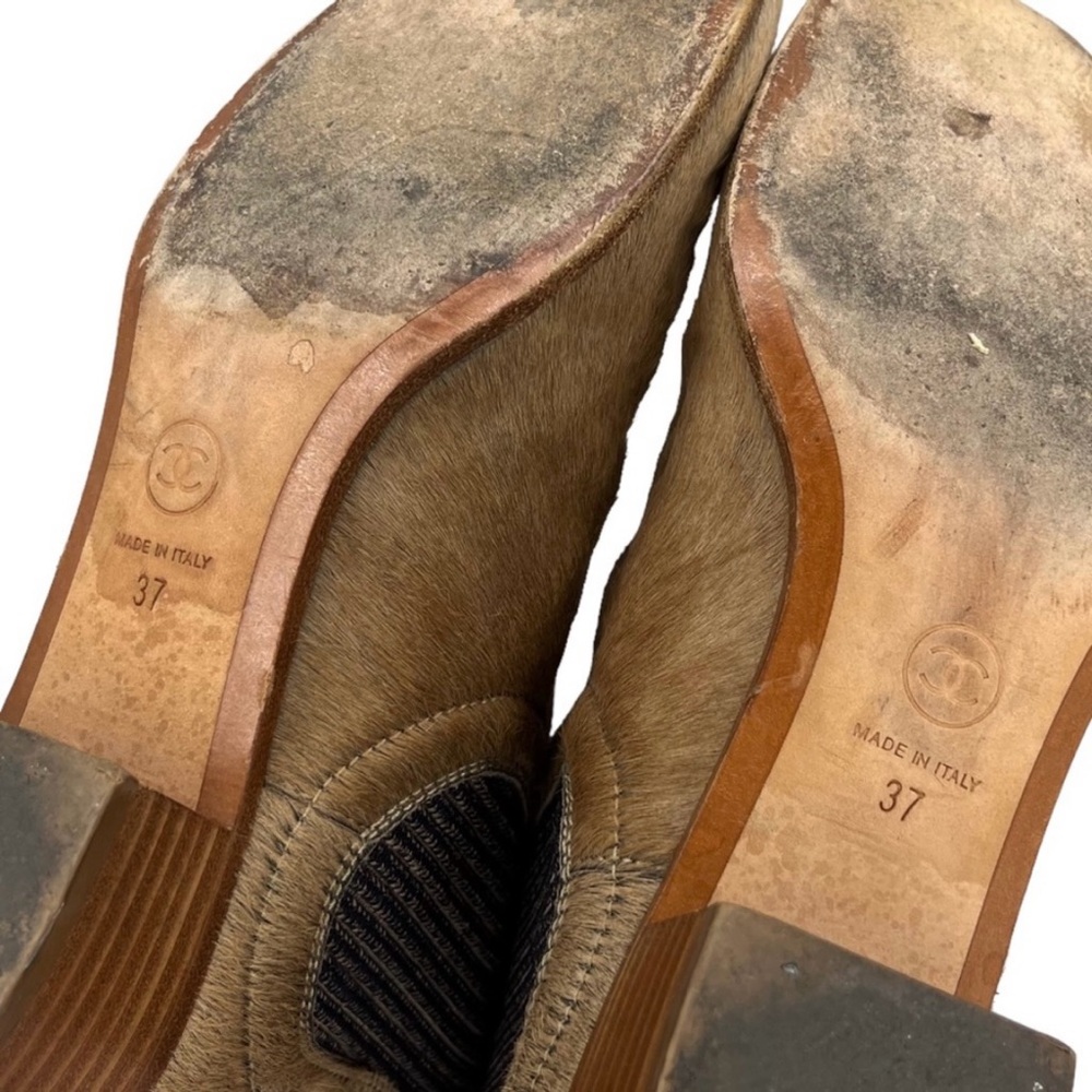 Chanel Pony Hair Block Heel Ankle Booties Tan Boots EU 37 US 7 - Picture 8 of 10